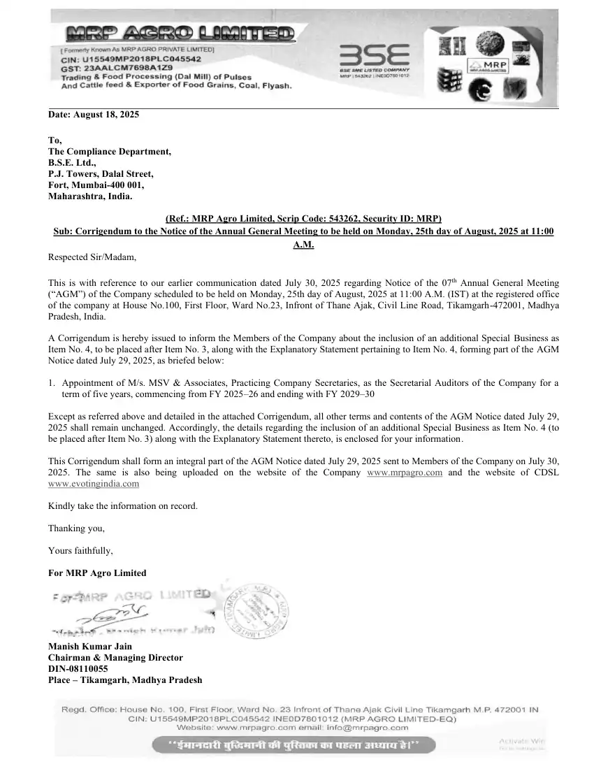 Page 1 of the MRP Agro corrigendum