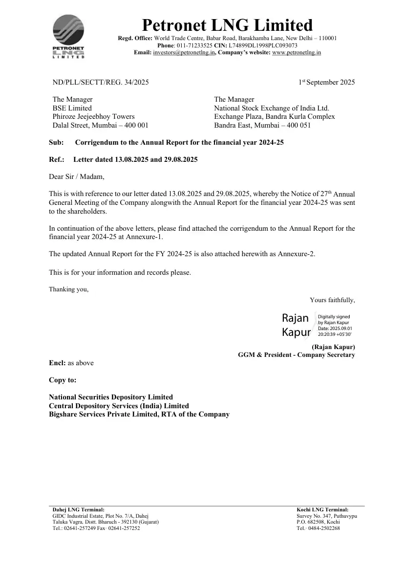 Page 1 of the Petronet LNG filing